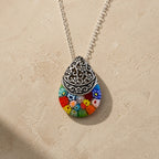 Glass Floral Engraved Pendant Necklace