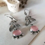 Silver Leafy Rose Quartz Drop Earrings