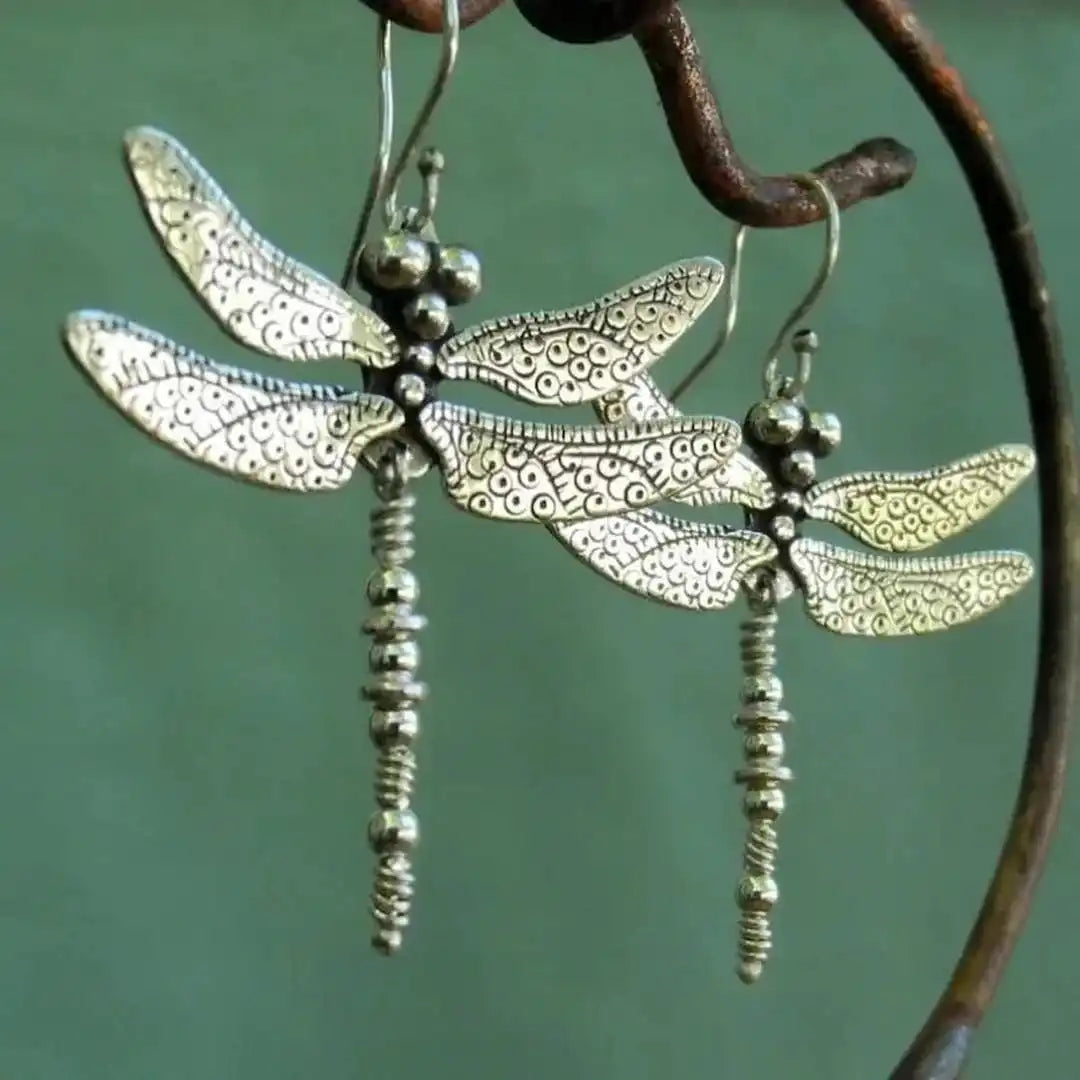 Silver Vintage Dragonfly Carved Pattern Retro Earrings