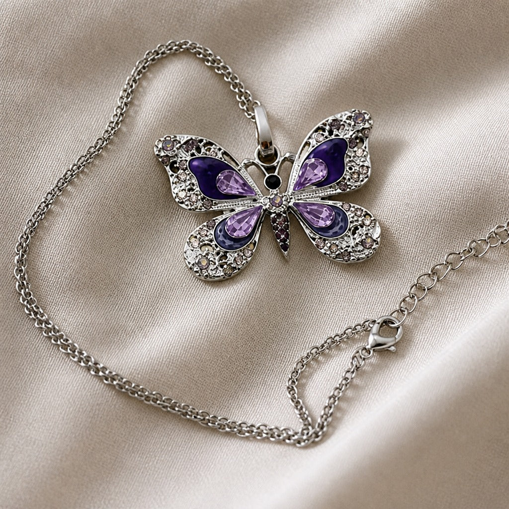 Vintage Crystal Butterfly Pendant Necklace