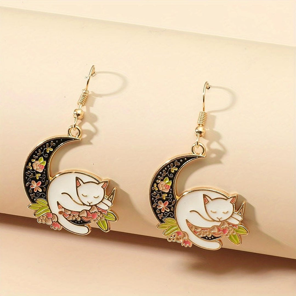 Sleeping Cat Moon Dangle Earrings